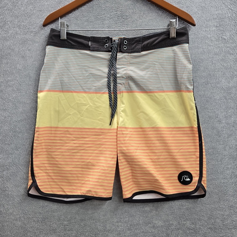 Quiksilver Men Swimwear 30 Yellow Board‎ Shorts Striped Logo Patch Highline